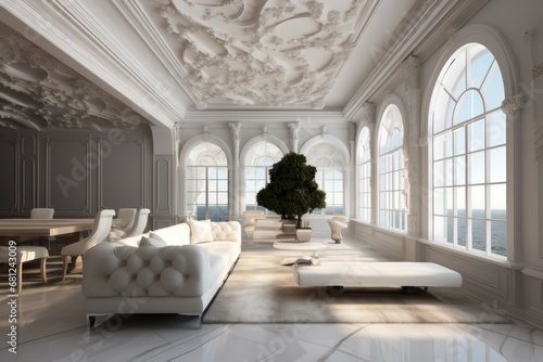 Interior of luxury living room with white sofa and sofa. Elegant Luxury Interior of Living Room of a Rich House.