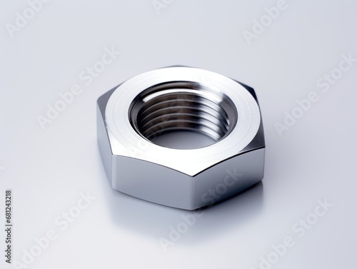 Metal nut on clean white background. Stainless steel hardware.