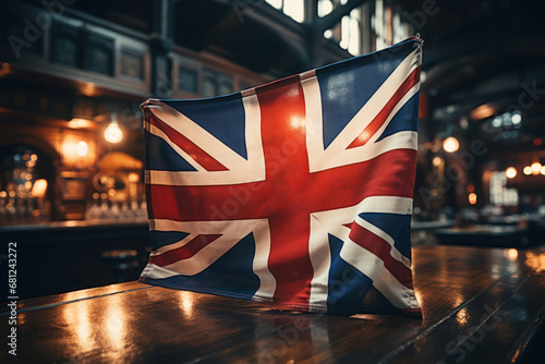 The British Union Jack flag displayed in a historic London pub. Concept of tradition and pub culture. Generative Ai. photo