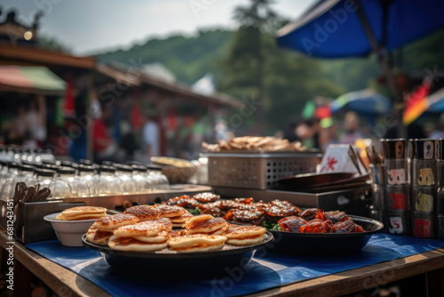 The South Korean flag at a bustling street food market in Seoul. Concept of street food culture and diversity. Generative Ai. photo