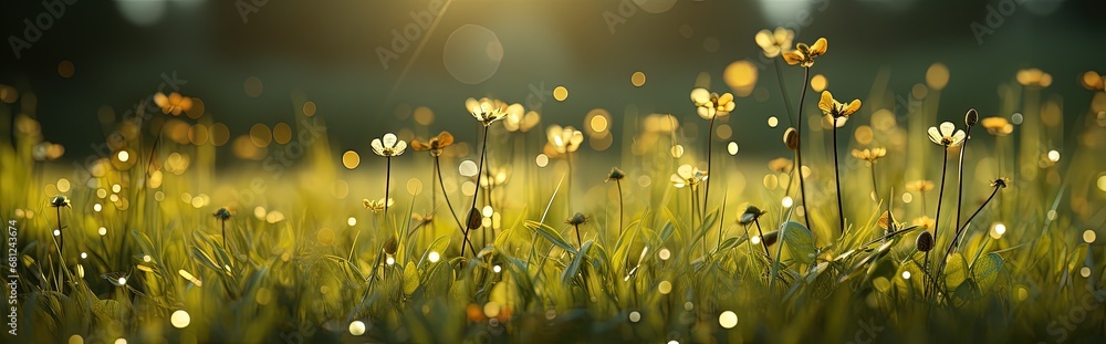 Tranquil Sunlit Field with Lush Green Grass and Flowers