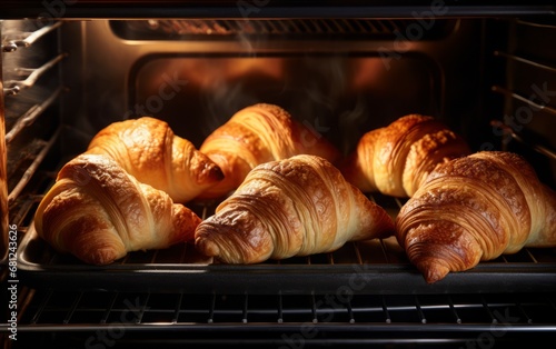 Fresh croissants baking in the oven, golden and flaky