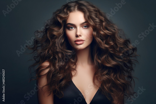 Portrait of Beautiful Woman with Long Curly Brown Hair on Dark Background
