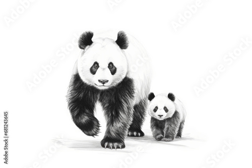 Walking Mother and Baby Panda Bear in Black and White Graphic Isolated on White Background