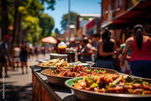 A multicultural street fair with food stalls representing diverse cultures in Australia. Concept of multiculturalism and harmony. Generative Ai.