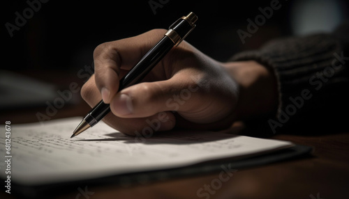 Handwriting contract with ballpoint pen on paper for business agreement generated by AI photo