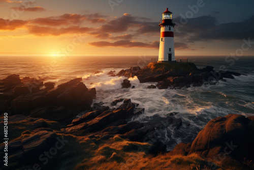A lone lighthouse on a coastal cliff, its light beaming as the sun sets. Concept of coastal safety and navigation. Generative Ai.