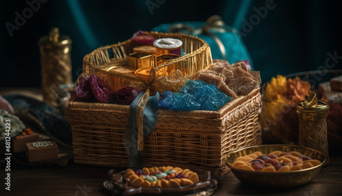 Abundance of homemade craft products in rustic wicker container generated by AI