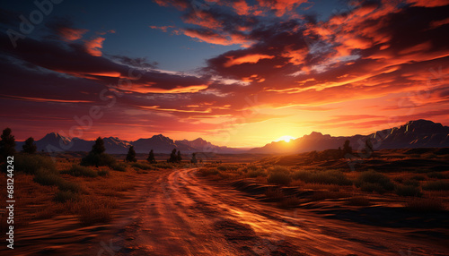 Sunset over mountain range, tranquil scene, nature beauty generated by AI