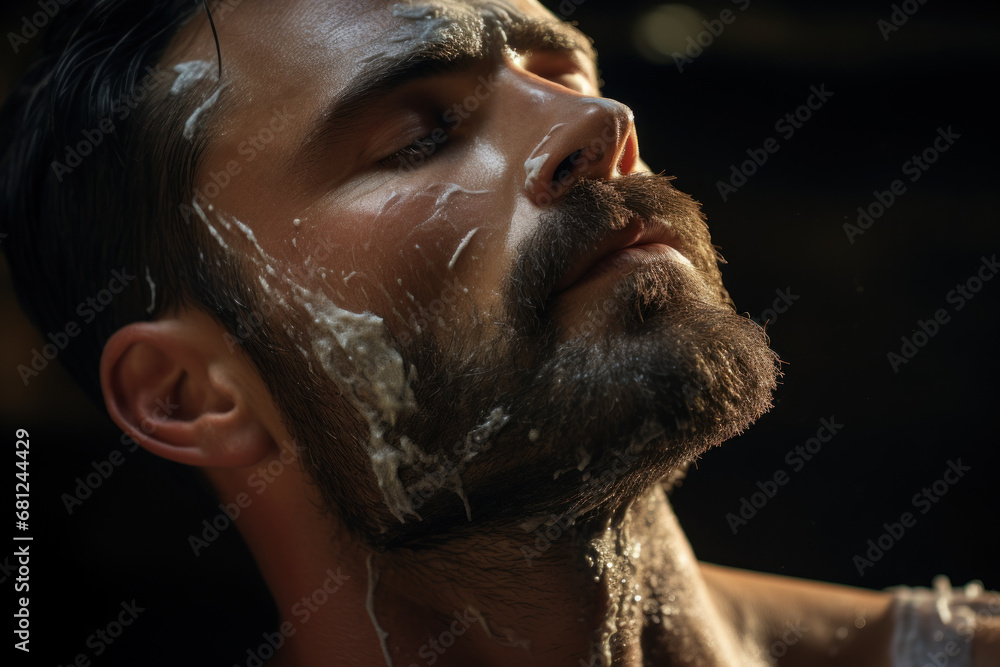 A close-up of a straight razor gliding smoothly over a well-lathered cheek during a classic shave. Concept of timeless grooming techniques. Generative Ai. A close-up of a straight razor gliding smoothly over a well-lathered cheek during a classic shave. Concept of timeless grooming techniques. Generative Ai.