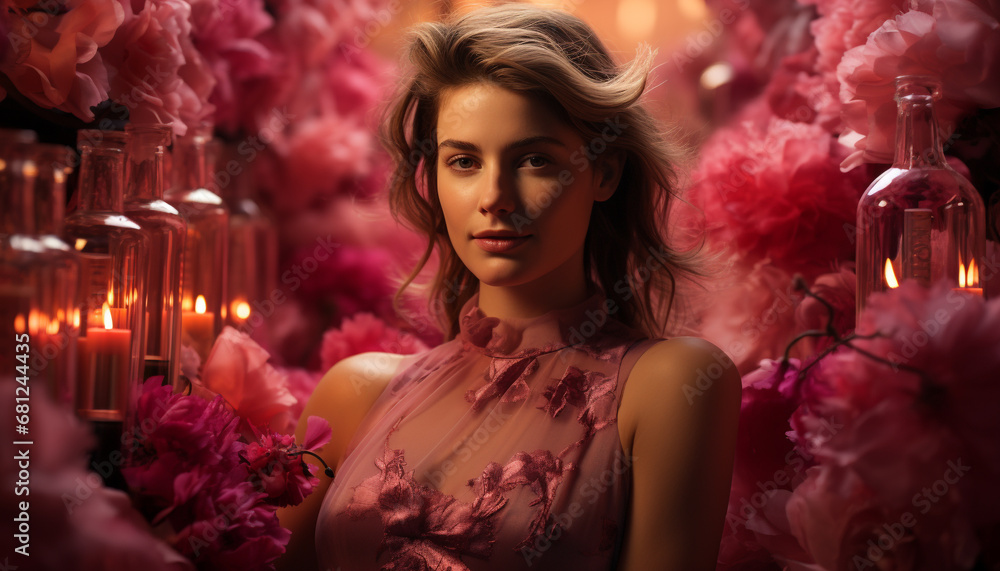 A beautiful woman in a flower dress, smiling elegantly generated by AI A beautiful woman in a flower dress, smiling elegantly generated by AI