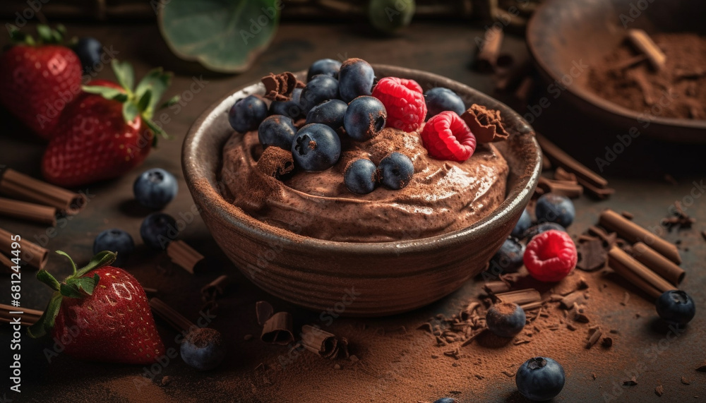 Rustic blueberry dessert on wooden table with chocolate indulgence generated by AI Rustic blueberry dessert on wooden table with chocolate indulgence generated by AI
