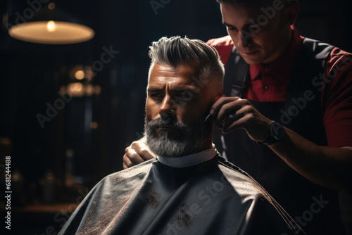 A barber finishing a haircut with a straight razor line-up, creating a sharp and well-defined look. Concept of stylish grooming. Generative Ai.