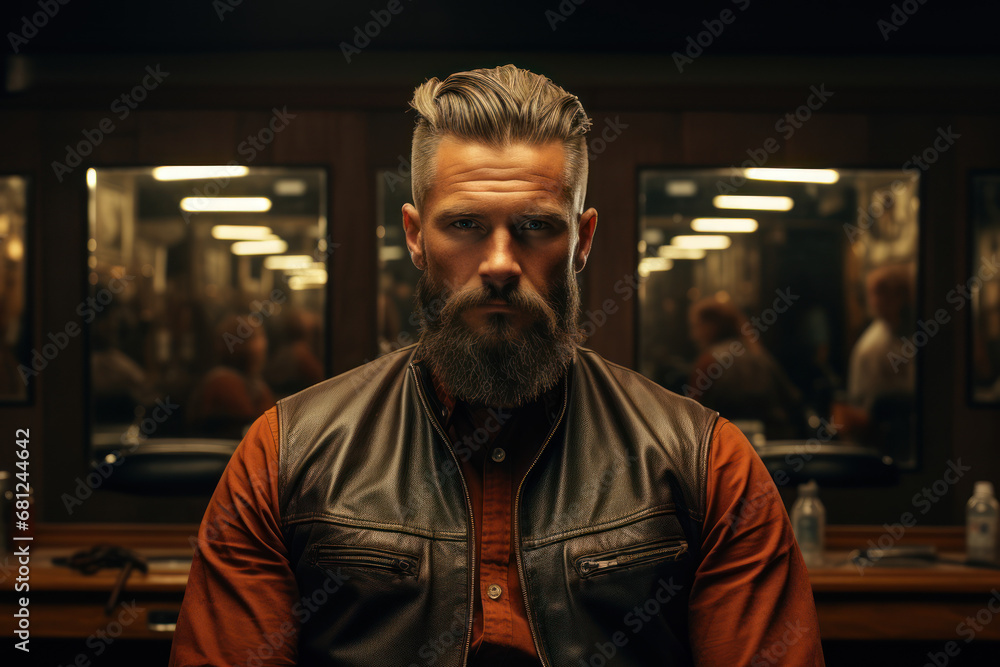A traditional barbershop mirror reflecting a client's satisfaction with his new haircut. Concept of confidence and self-expression. Generative Ai. A traditional barbershop mirror reflecting a client's satisfaction with his new haircut. Concept of confidence and self-expression. Generative Ai.