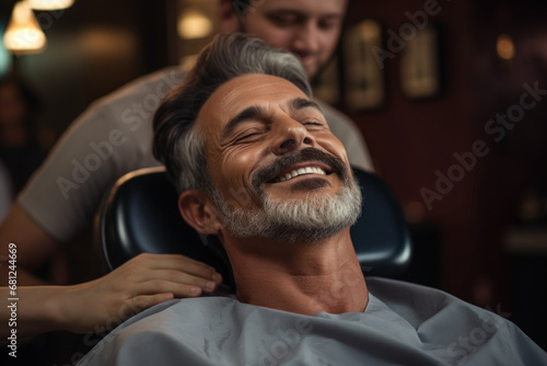 A barbershop scene with a client enjoying a relaxing head massage before a haircut. Concept of grooming and stress relief. Generative Ai.