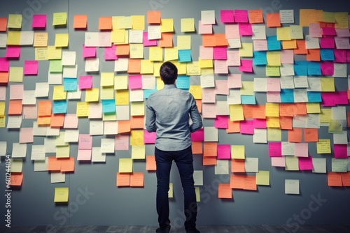 Man looking at sticky notes in the wall