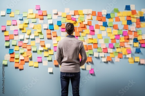 Man looking at sticky notes in the wall photo