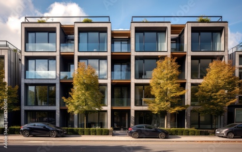 Modern facade of commercial-residential apartment with large floor-to-ceiling windows, Amsterdam