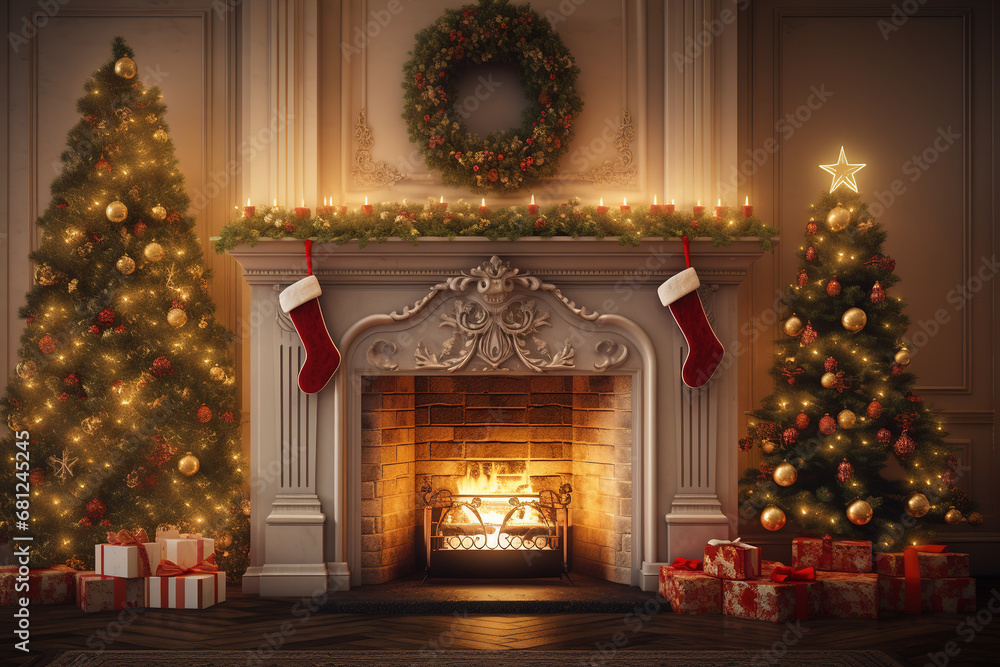 Living room home interior with decorated fireplace and christmas tree, vintage style. Christmas Holidays