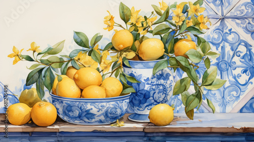 Mediterranean Lemon, traditional illustration with blue tiles and lemons in jars