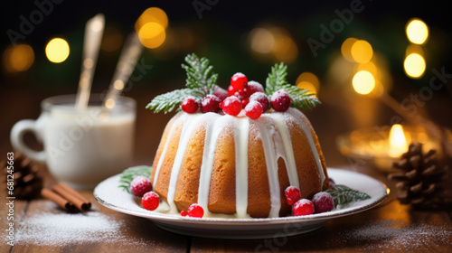 Christmas bundt cake with icing and red berries on a plate