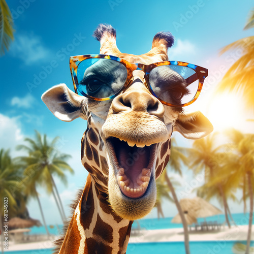 smiling giraffe wearing sunglasses on beach. Generative AI.
