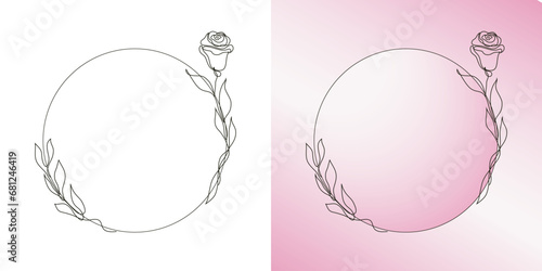 Set of sketched floral rings; branches, rose, leaves. Mono line frames. 