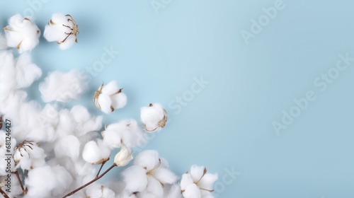 Background or mock up presentation with white fluffy cotton flowers and place for text. Natural eco organic fiber, cotton seeds, raw materials, agriculture
