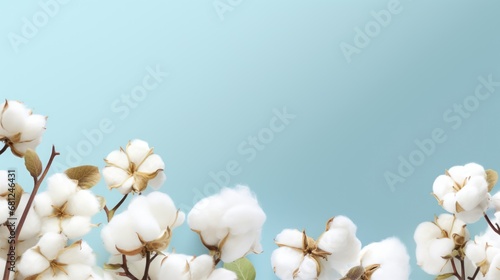 Background or mock up presentation with white fluffy cotton flowers and place for text. Natural eco organic fiber  cotton seeds  raw materials  agriculture