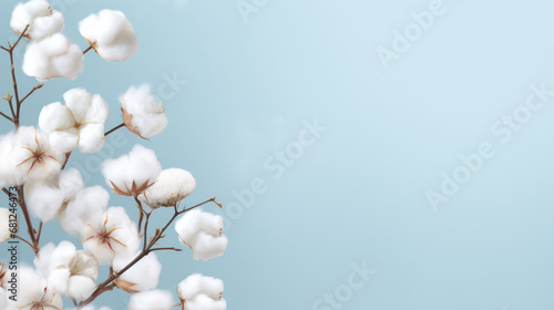 Background or mock up presentation with white fluffy cotton flowers and place for text. Natural eco organic fiber, cotton seeds, raw materials, agriculture photo