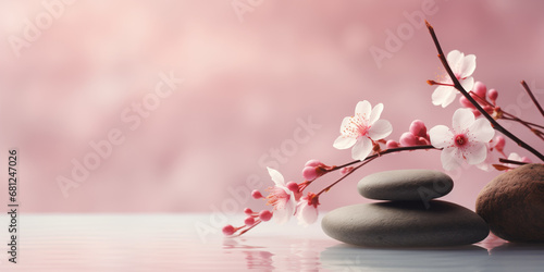 Zen stones, water and Japanese cherry blossoms on pink background witn copy space, wellness and harmony, massage and bodycare, spa and wellness concept