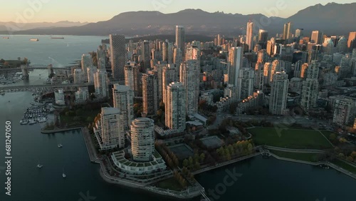 Aerial view of the skyscrapers in Downtown of Vancouver at sunset, Canada photo