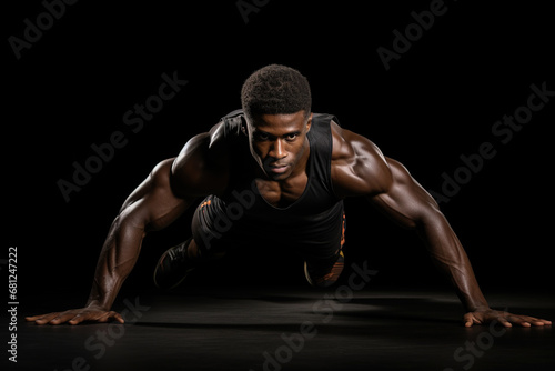 Young afro american sports man with beautiful muscular body doing pushup exercise on floor, on black background