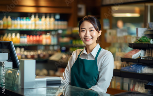 Asian smiling woman working as a cashier in the store photo