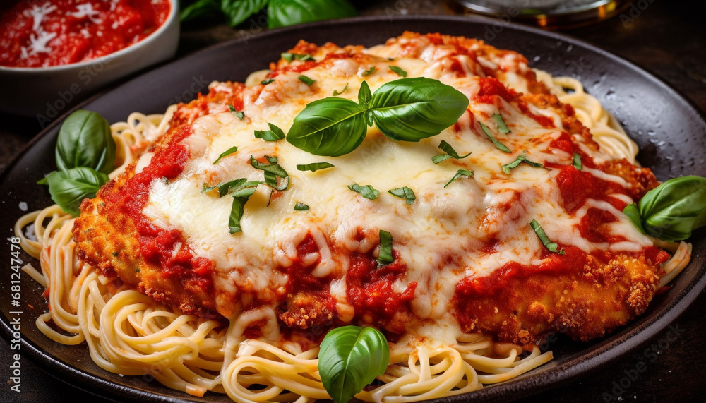 Freshly cooked vegetarian lasagna with savory tomato sauce and mozzarella generated by AI Freshly cooked vegetarian lasagna with savory tomato sauce and mozzarella generated by AI