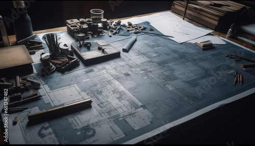 Carpenter designing blueprint with pencil and measuring instrument indoors generated by AI