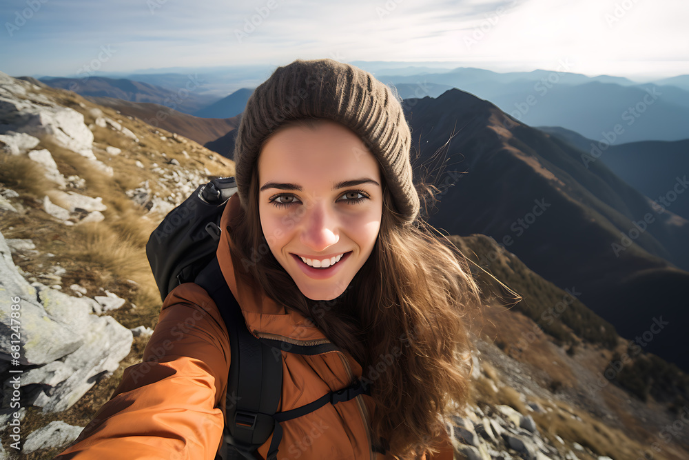 Girl hiking in the mountains taking a selfie