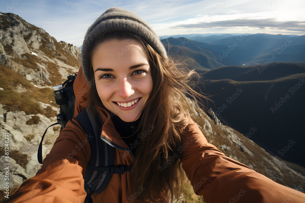Girl hiking in the mountains taking a selfie