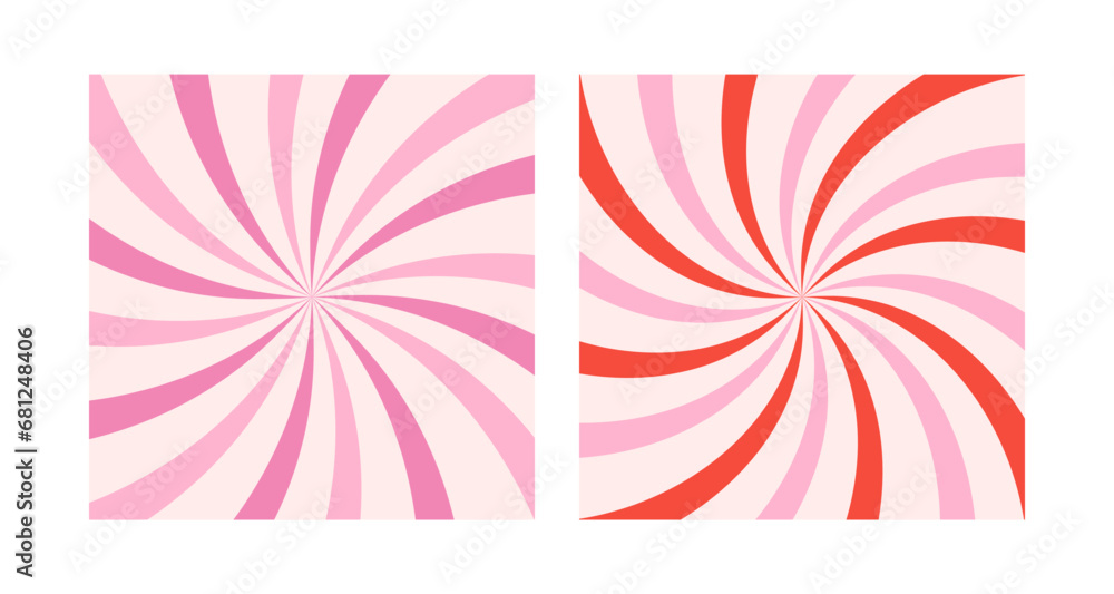 Candy color sunburst backgrounds. Abstract pink cream sunbeams design wallpaper. Colorful spinning lines for template, banner, poster, flyer. Sweet rotating cartoon swirl or whirlpool set