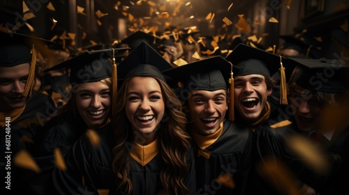 Happy time graduation, university institute school, graduation mantle and cap, joy group, receiving Bachelor Specialist Master degree, group selfies, classroom auditorium , toss up valedictorian hat.