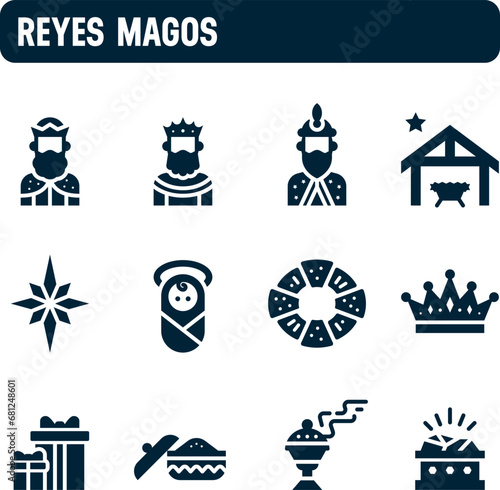 Three Kings Day icons. Vector set of the Three Wise Men. Filled icon design. January 6th tradition, toys and gifts.