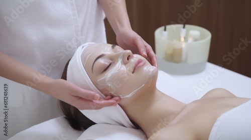 A woman receiving a facial massage in a spa, looking relaxed and content.