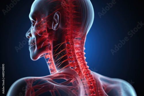 A persistent pain in the neck, a result of prolonged poor posture and muscle strain. Concept of cervical discomfort. Generative Ai.