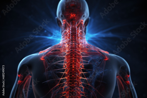 A shooting pain along the spine, signaling potential issues with the spinal discs or nerves. Concept of spinal discomfort. Generative Ai.