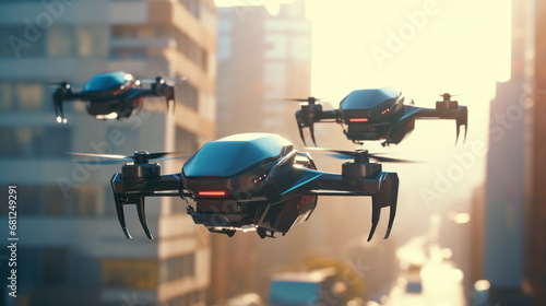 Drones over city, surveillance and control concept