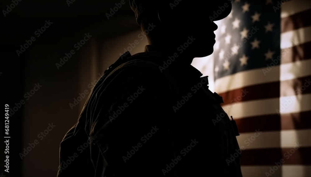 Army soldier standing in dark, backlit by American flag silhouette generated by AI
