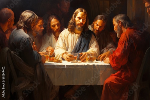 The Last Supper, capturing profound moment of last supper with jesus christ and the 12 apostles in a stunning representation of biblical faith, history, and devotion. Bible religion god . photo