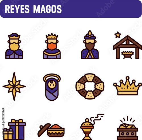 Three Kings Day icons. Vector set of the Three Wise Men. Color icon design. January 6th tradition, toys and gifts.