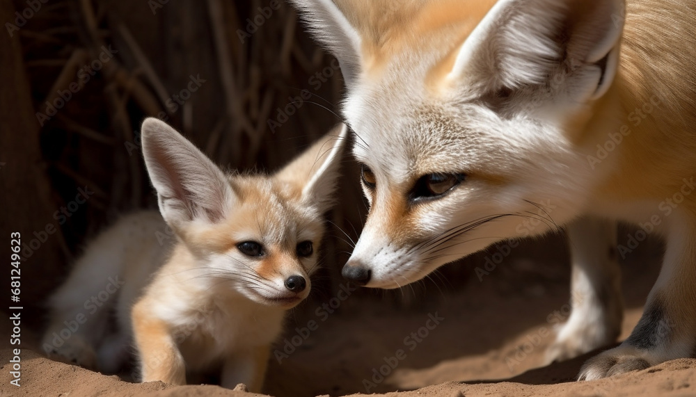Fototapeta premium Fluffy red fox puppy playing outdoors with selective focus generated by AI