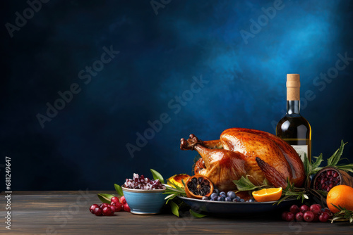 Thanksgiving Day. Roast Turkey with vegetables and fruits. holiday and wine. place for text. copy space. blue background